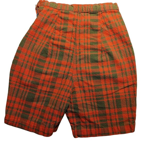 Girls 12 20W Shorts Vtg 60's Plaid High-Waist Orange Green Cotton Side Zipper - Picture 2 of 9